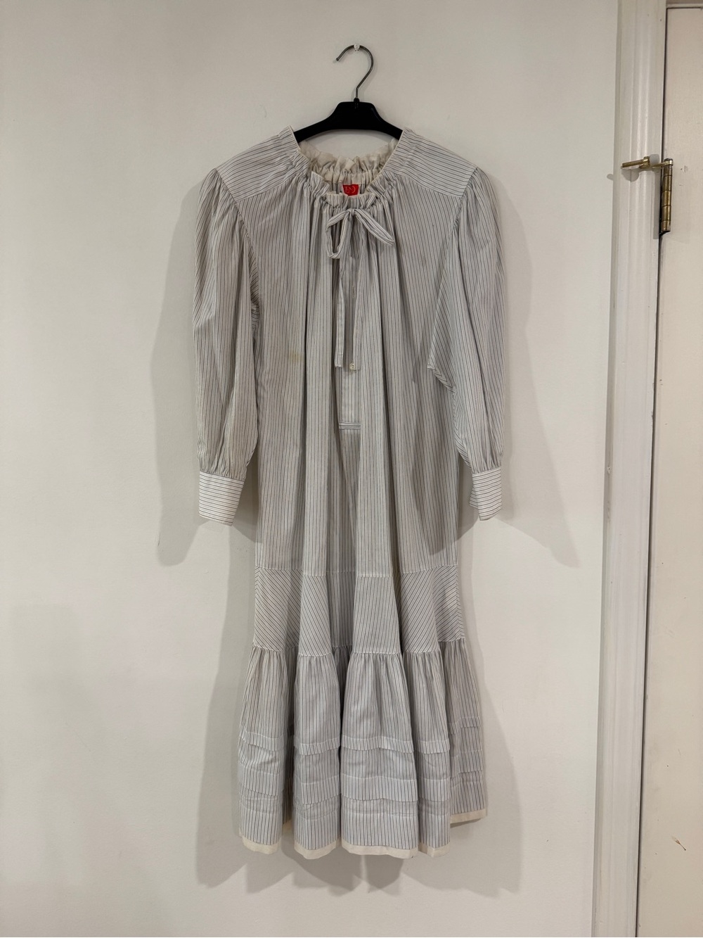 Vintage Kenzo Light Gray Pinstripe Maxi Dress with Tie Neck